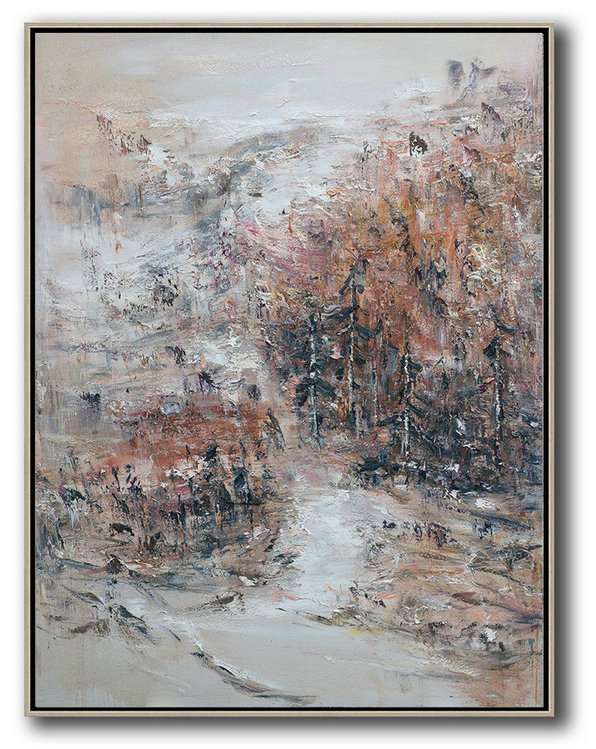 Large Abstract Painting,Original Abstract Landscape Oil Painting On Canvas, Vertical Canvas Art,Canvas Wall Paintings White,Orange,Blue,Lake Blue
